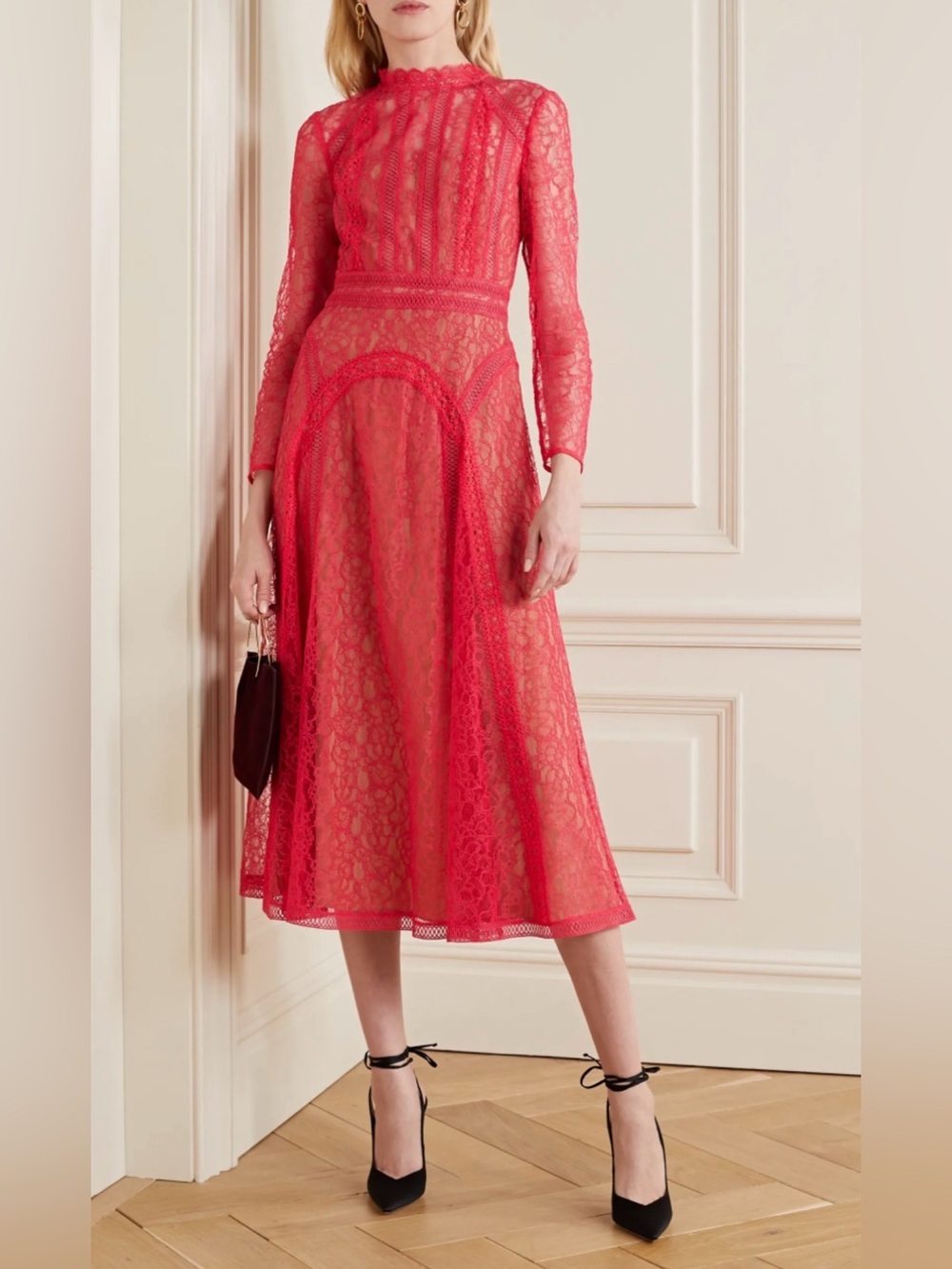 SELF-PORTRAIT Red Long Sleeve Lace Panel Midi Dress size 2